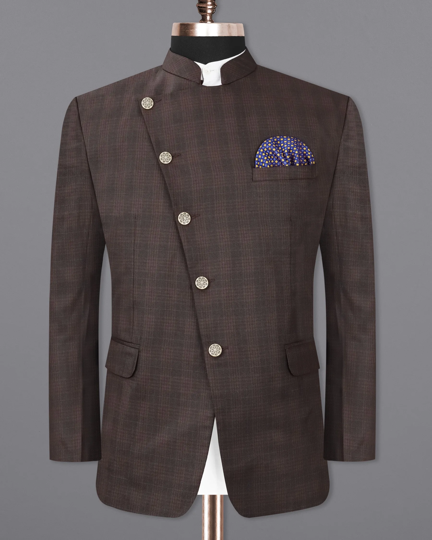 Birch Brown Plaid Cross Placket Bandhgala Suit