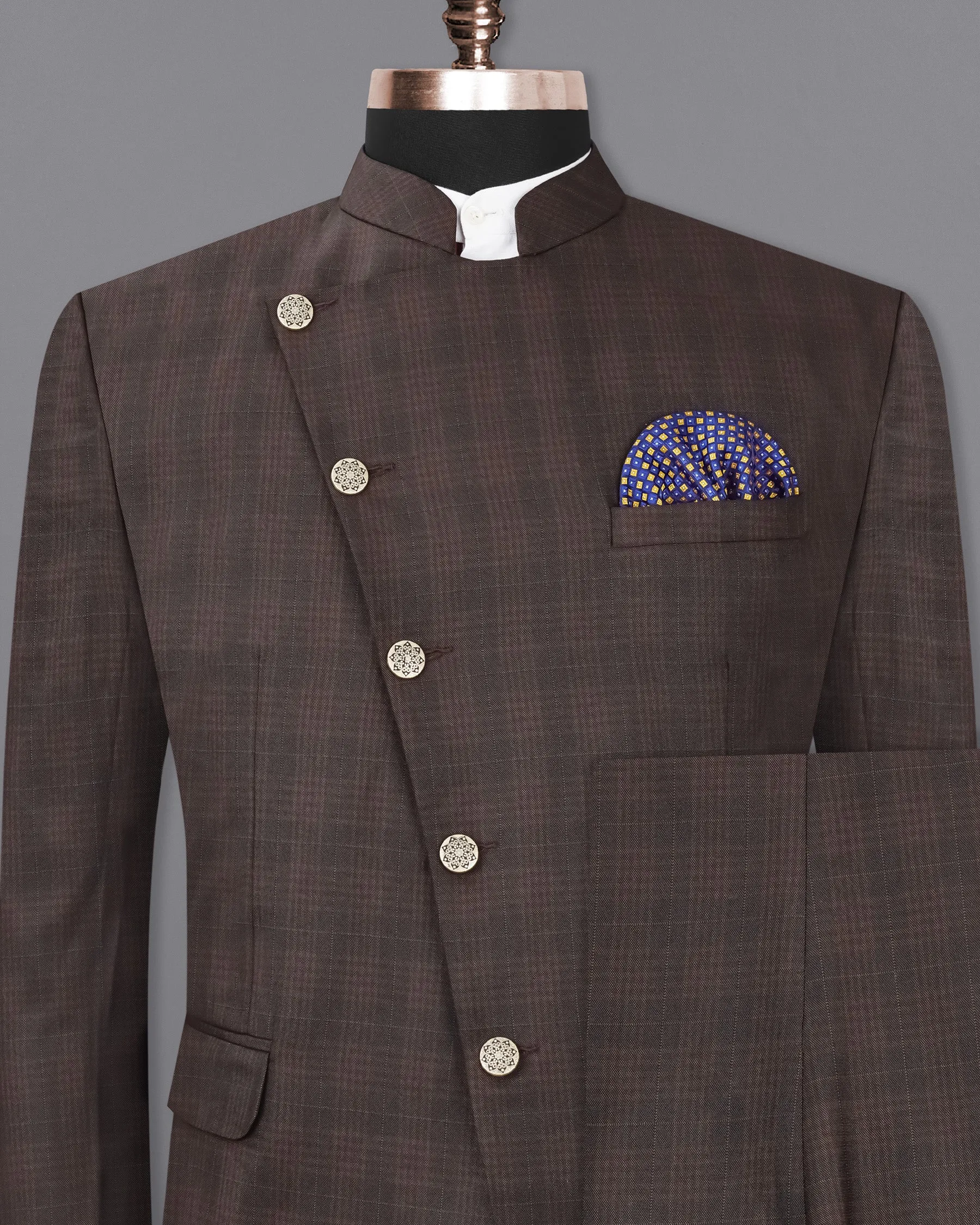 Birch Brown Plaid Cross Placket Bandhgala Suit