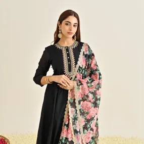 Black Anarkali Set with Floral Printed Dupatta & Yoke Embroidery