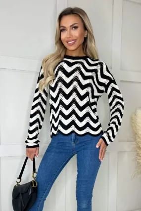 Black And White Zig Zag Long Sleeve Crochet Top