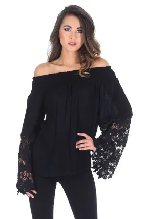 Black Bardot Top with Crochet Sleeves