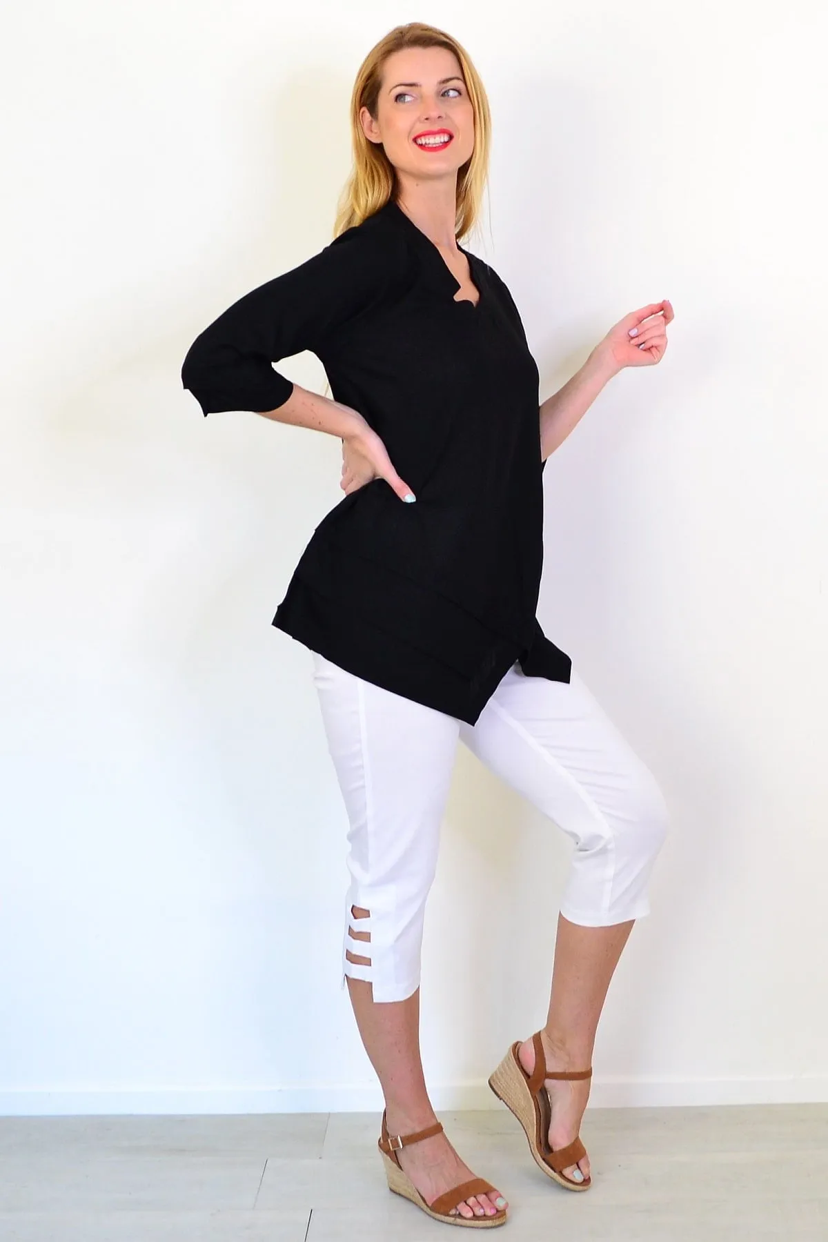 Black Linen Blend Tunic Top