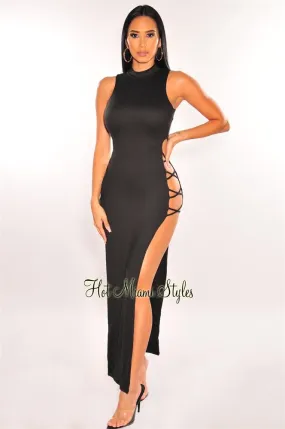 Black Mock Neck Lace Up Double Side Slit Dress