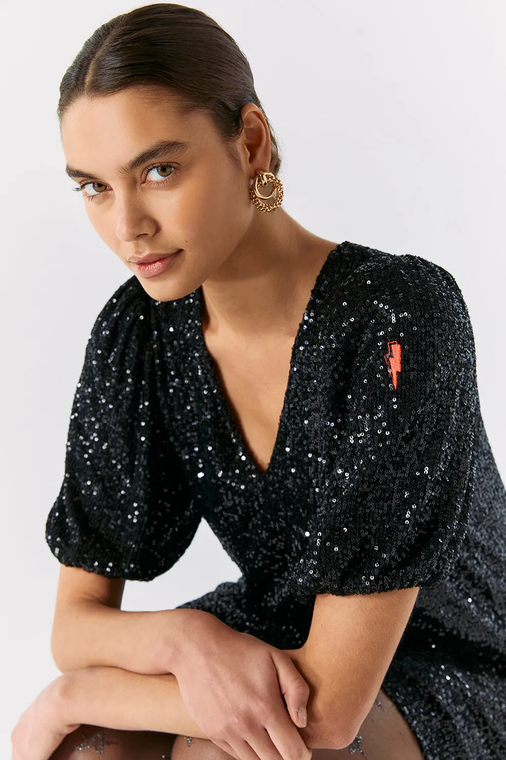 Black Sequin Short T-Shirt Dress