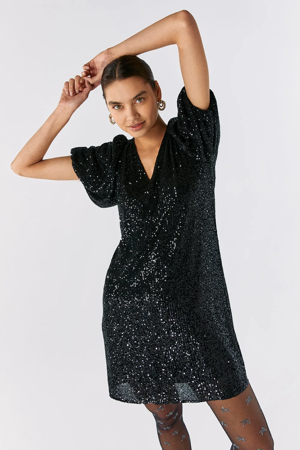 Black Sequin Short T-Shirt Dress