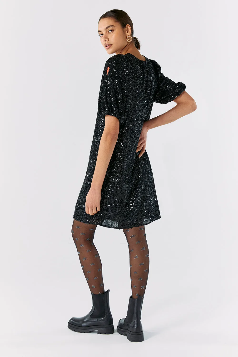 Black Sequin Short T-Shirt Dress