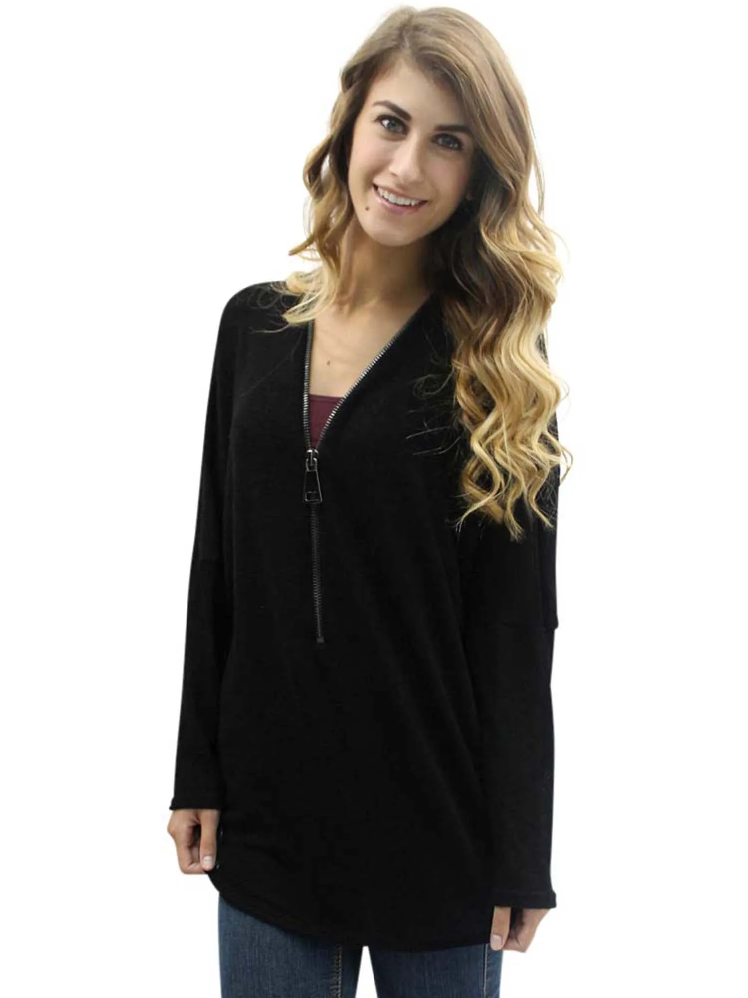 Black Sheer Zip-Up Long Sleeve Sweater Blouse