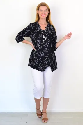 Black White Floral Linen Blend Tunic Top