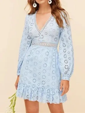 Boho Plunging Neck Lace Insert Embroidered Eyelet Mini Dress