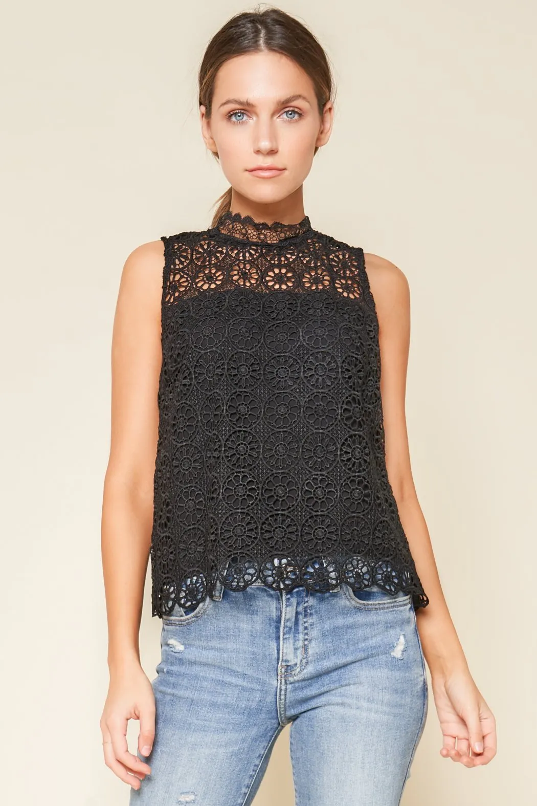 Bora Bora Crochet Mock Neck Blouse