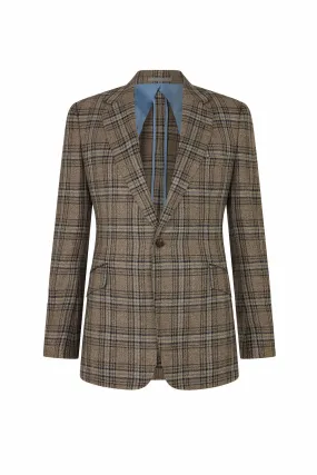 Brown/Blue Wool Silk & Linen Overcheck Single Breasted Jacket