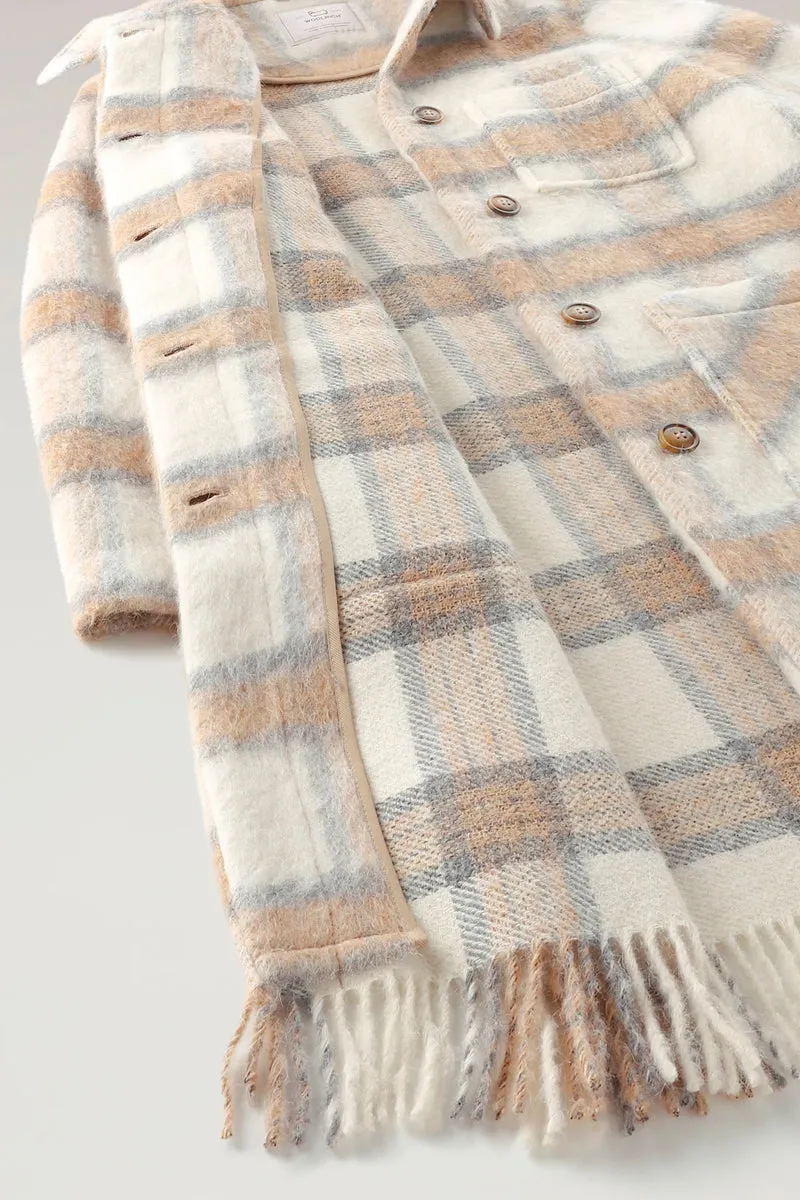 Brushed Wool Long Overshirt with Fringe Cream Check