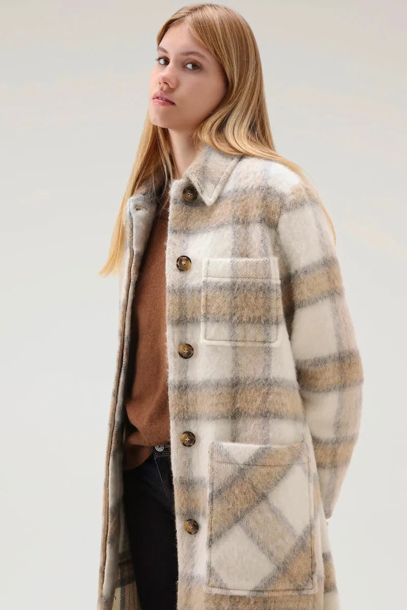 Brushed Wool Long Overshirt with Fringe Cream Check