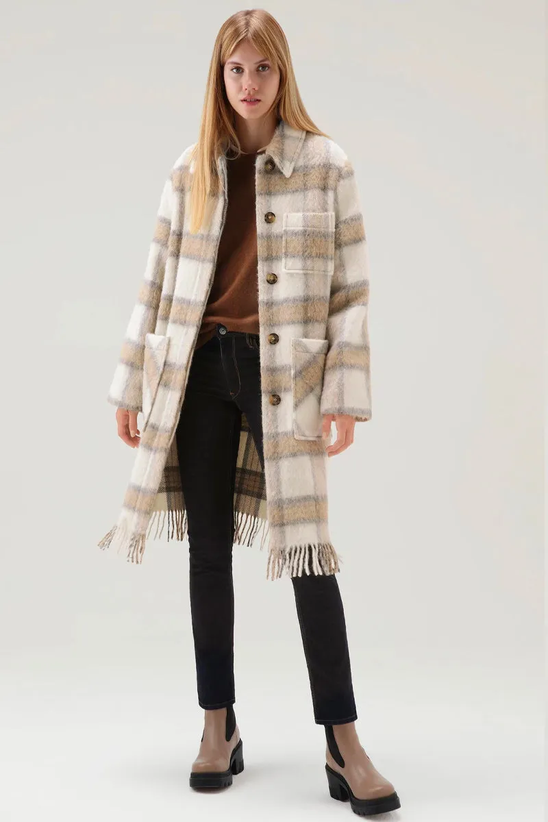 Brushed Wool Long Overshirt with Fringe Cream Check