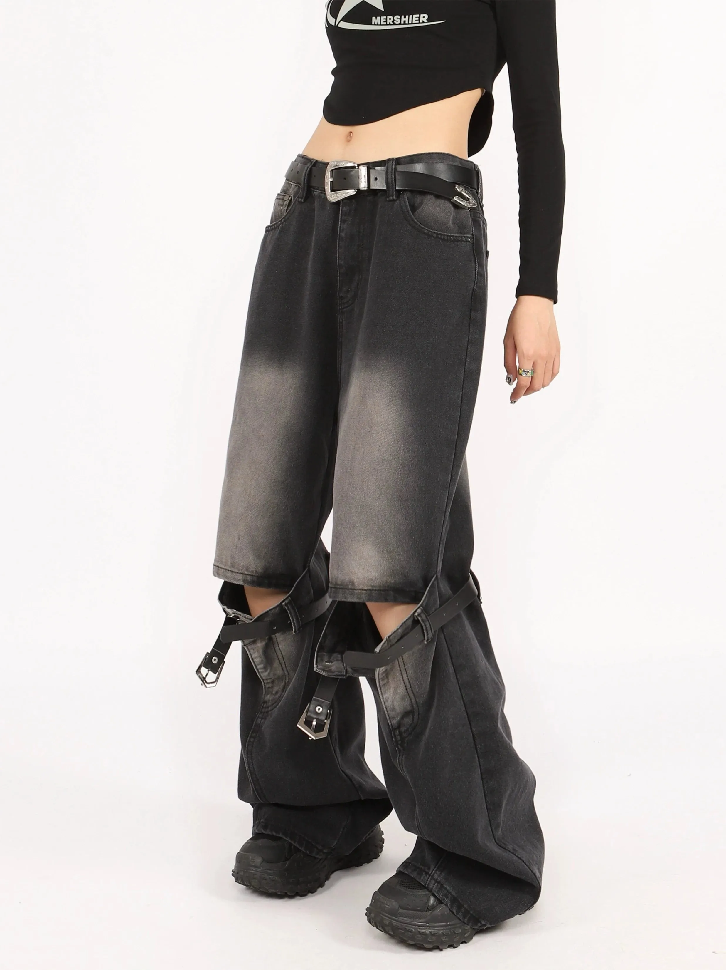 Button Belted Knee-Cutout Straight Faded Jeans