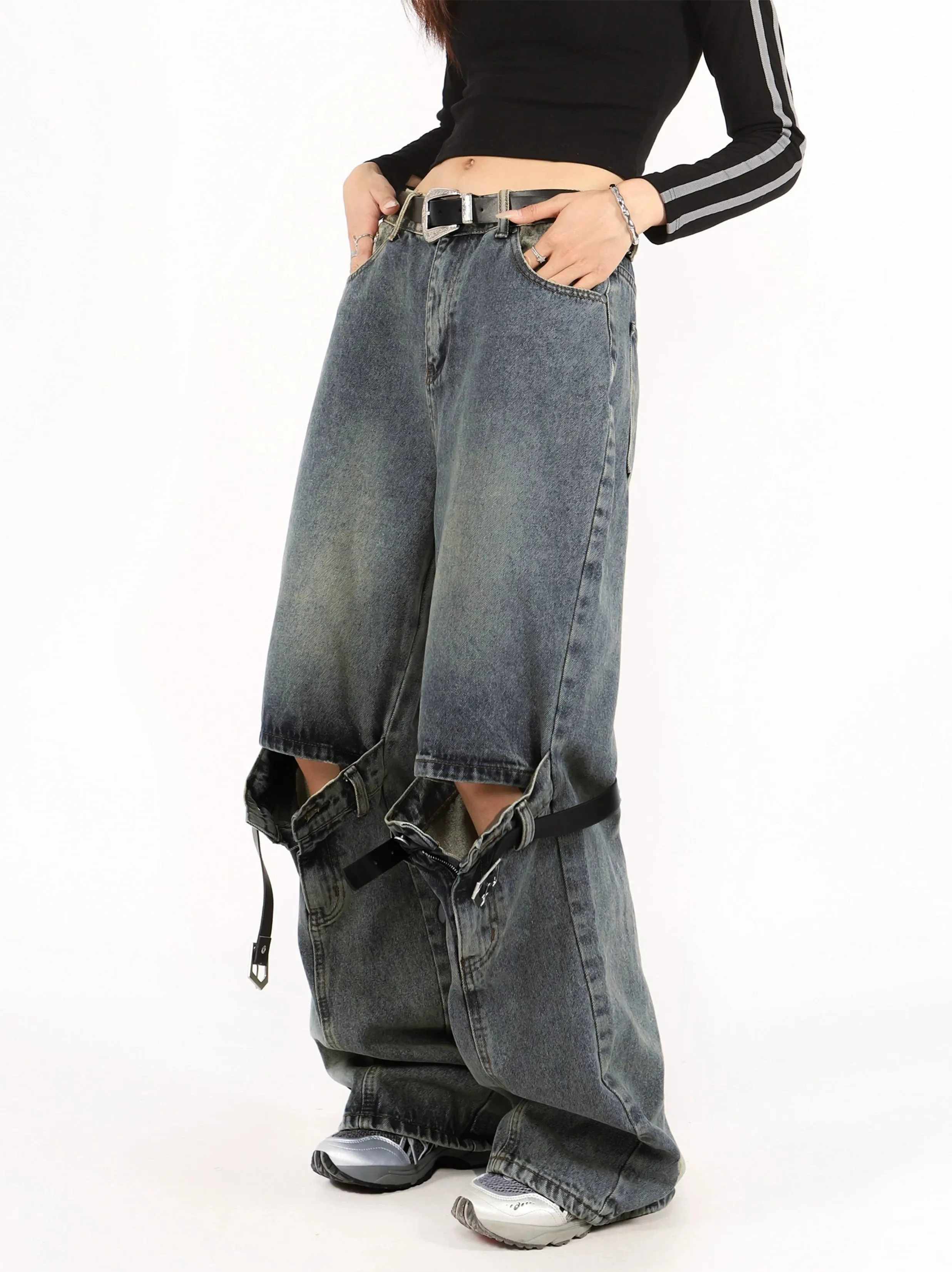 Button Belted Knee-Cutout Straight Faded Jeans