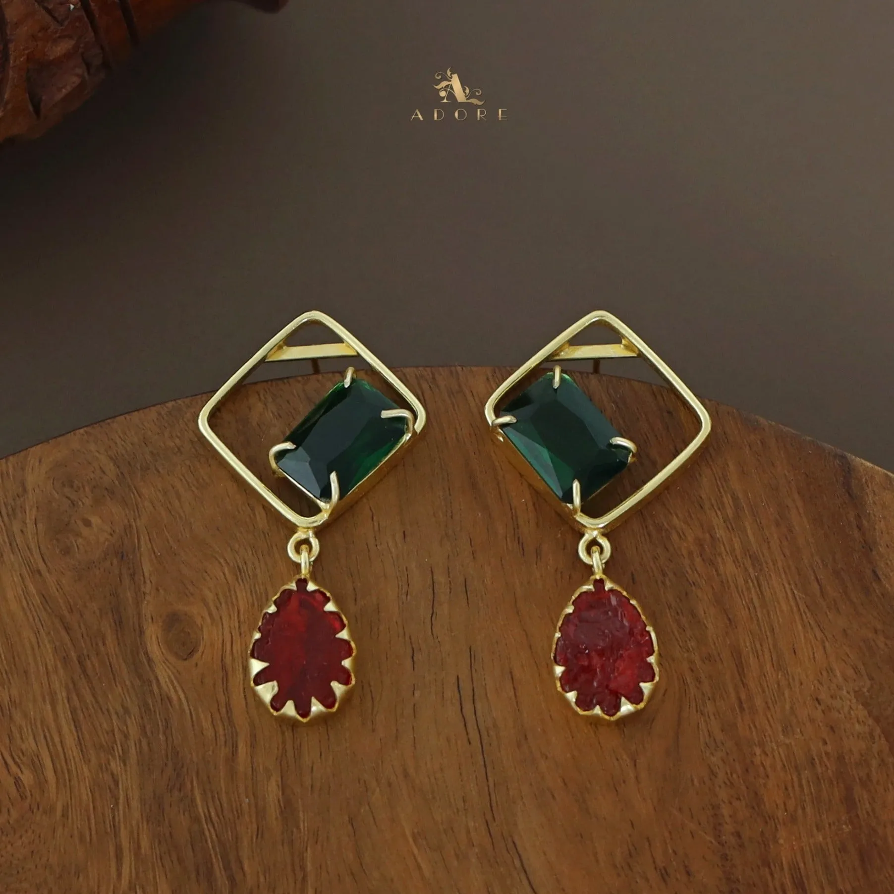 Camille Golden Diamond Rectangle Claw Dyed Stone Drop Earring