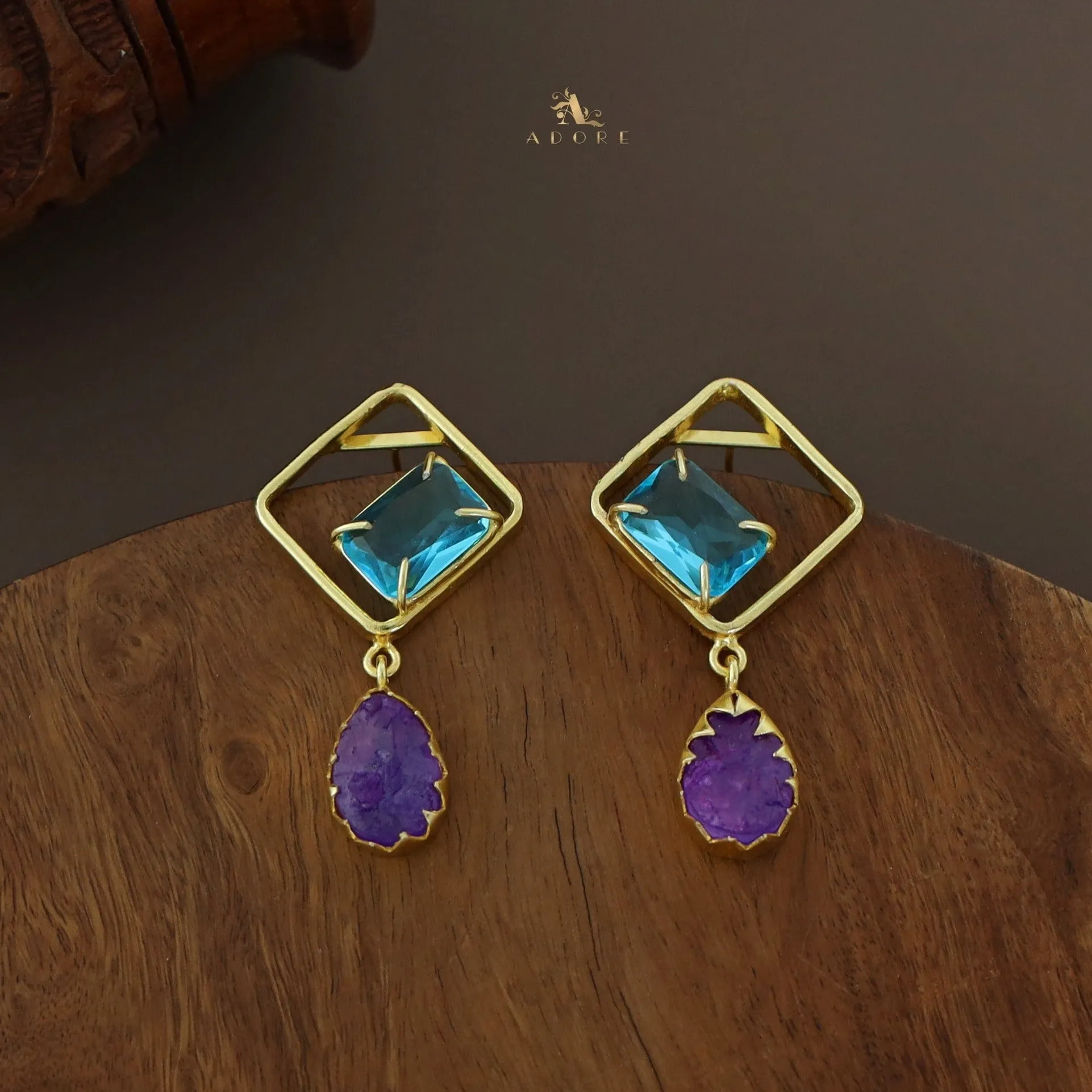 Camille Golden Diamond Rectangle Claw Dyed Stone Drop Earring