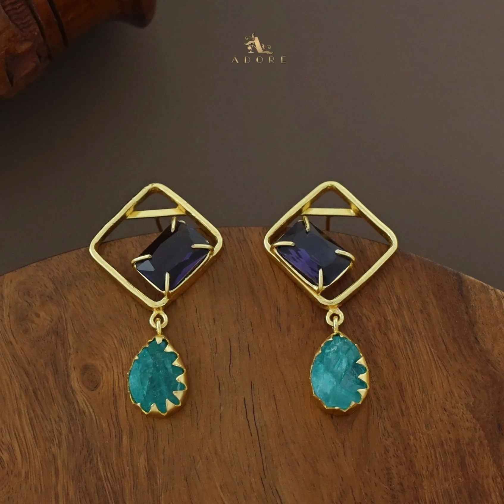 Camille Golden Diamond Rectangle Claw Dyed Stone Drop Earring