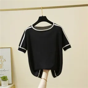 Casual Thin Knitted T-Shirt Camisetas Mujer Summer Short Sleeve Tops Elegant Woman Clothes Striped Fashion Tee Shirt Femme 18841