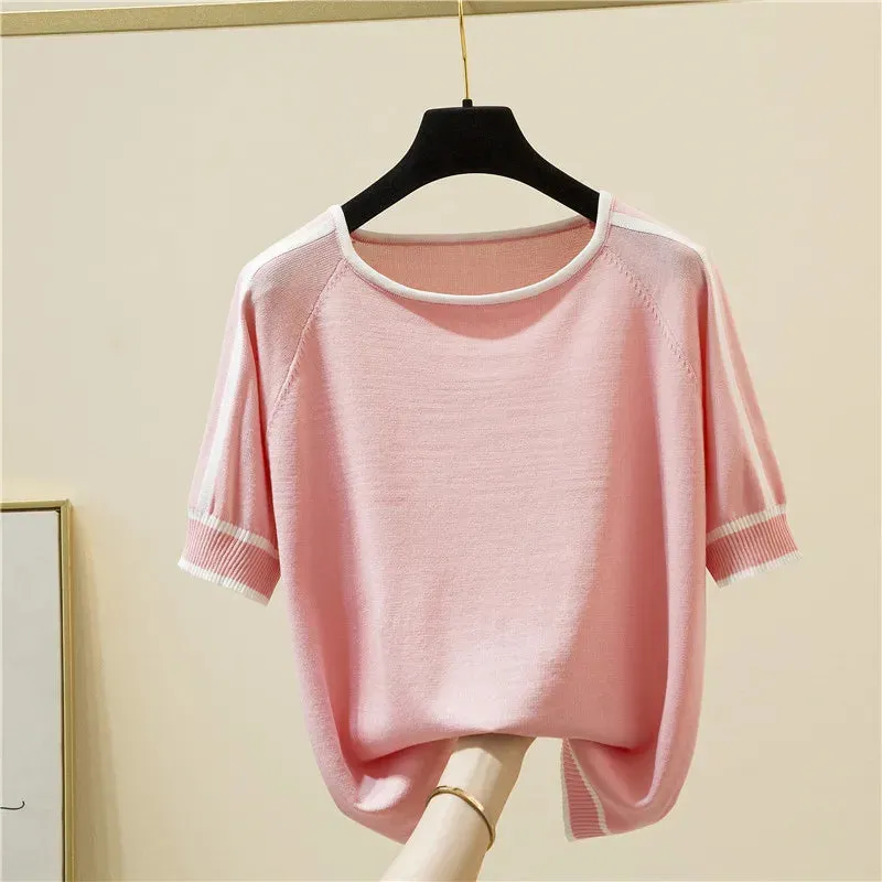 Casual Thin Knitted T-Shirt Camisetas Mujer Summer Short Sleeve Tops Elegant Woman Clothes Striped Fashion Tee Shirt Femme 18841