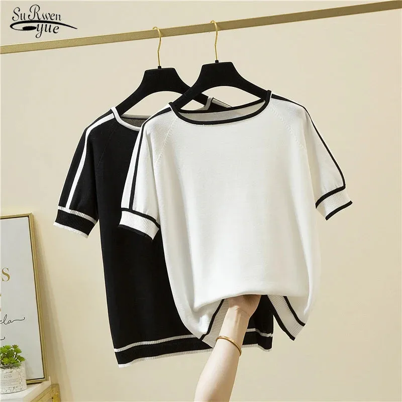 Casual Thin Knitted T-Shirt Camisetas Mujer Summer Short Sleeve Tops Elegant Woman Clothes Striped Fashion Tee Shirt Femme 18841