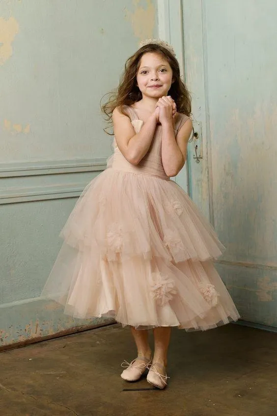 Charming Tulle Square Neckline Ankle-length A-line Flower Girl Dresses FD036