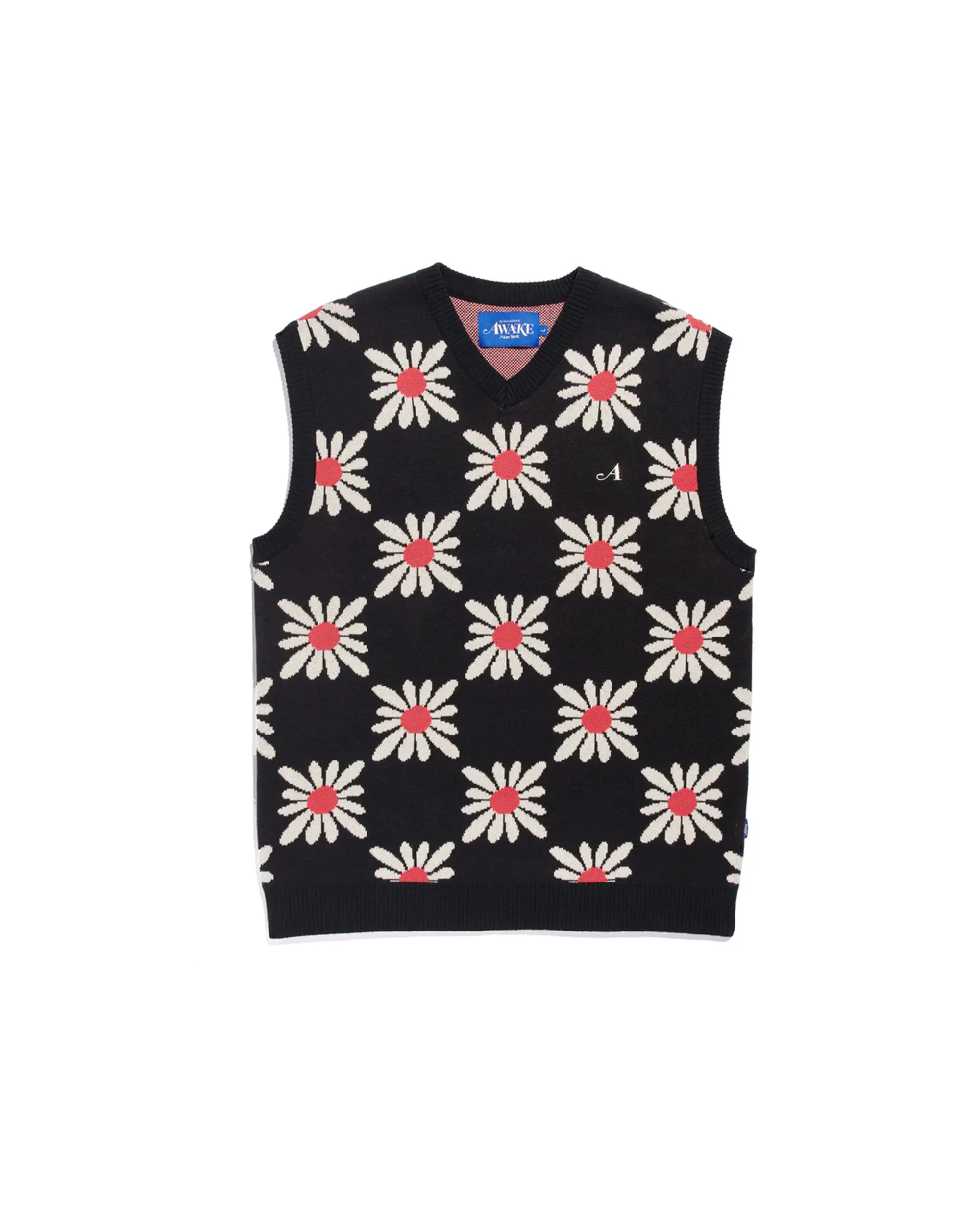 Checkered Floral Sweater Vest - Black