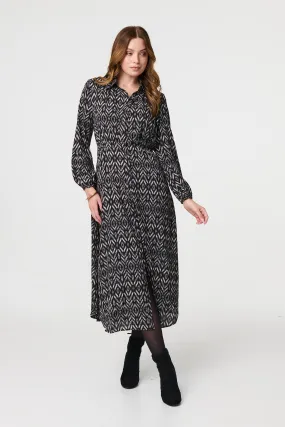 Chevron Print Long Sleeve Midi Shirt Dress