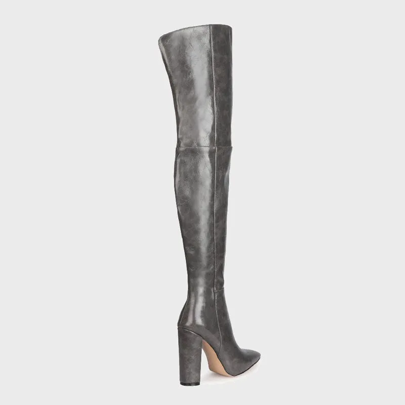 Chic Faux Leather Over Knee Pointed Toe Block Heel Boots - Grey