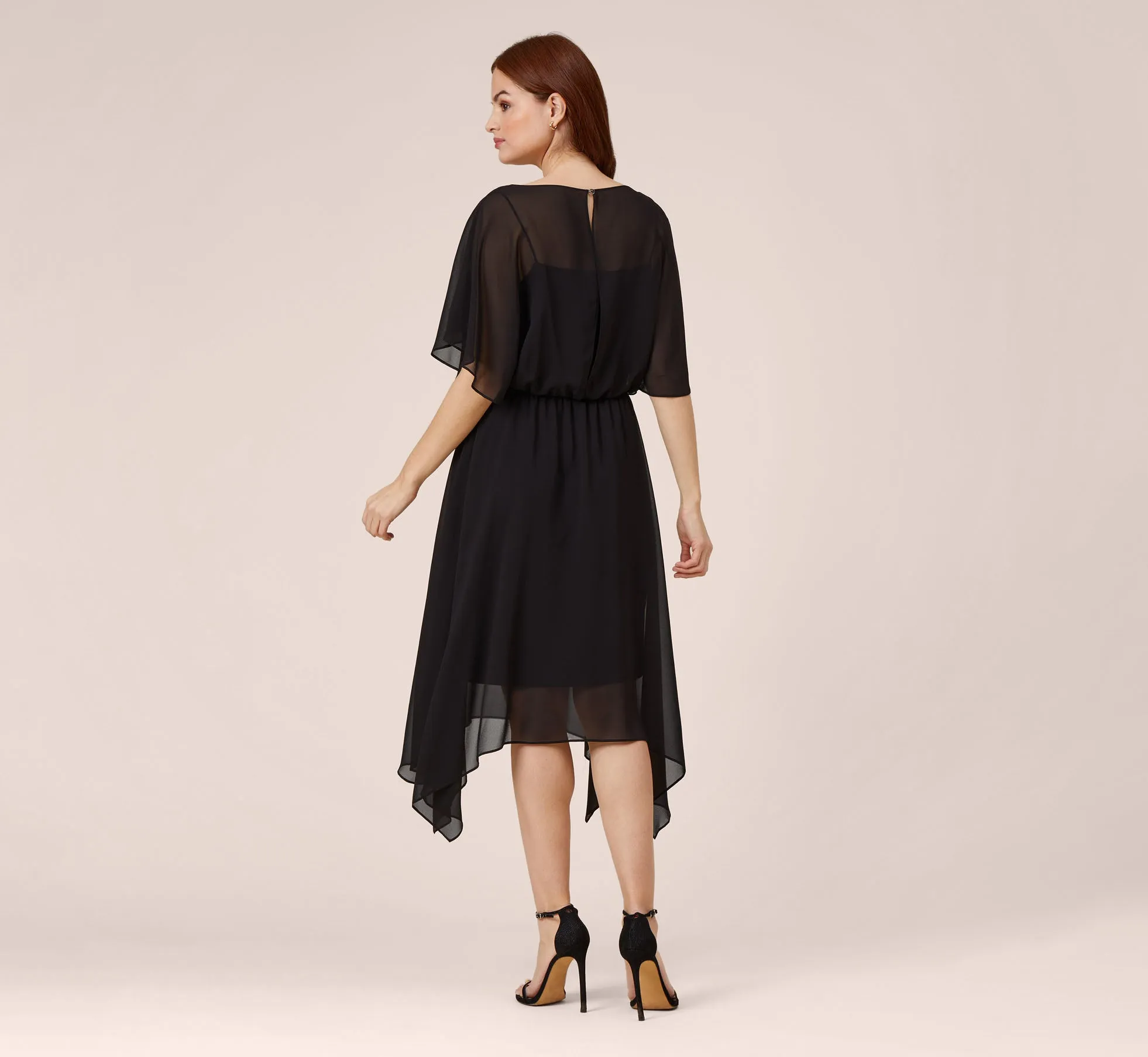 Chiffon Blouson Midi Dress With Flutter Sleeves In Black