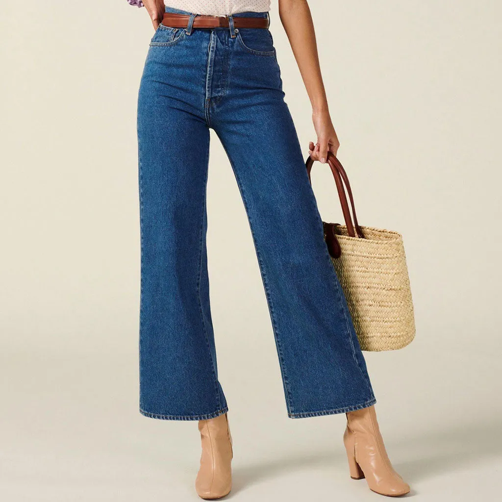 Classy High Waist Ankle Length Wide Leg Jeans - Dark Blue