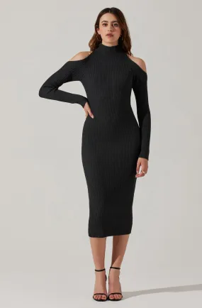 Cold Shoulder Mock Neck Midi Sweater Dress