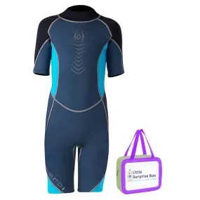 Colorblock Black & Light Blue 2.5mm Neoprene Knee Length Kids Swimsuit, Half Sleeves Swimwear