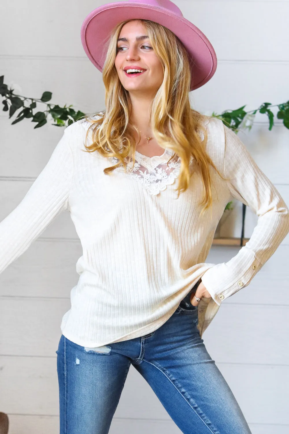 Cream Rib Lace V Neck Button Detail Top (Open Pack)