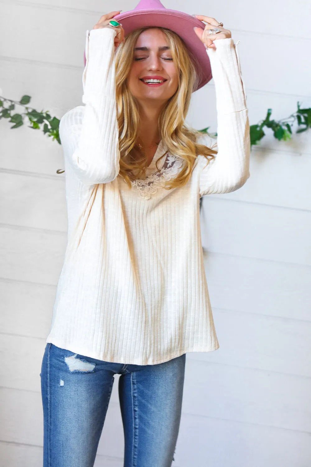 Cream Rib Lace V Neck Button Detail Top (Open Pack)