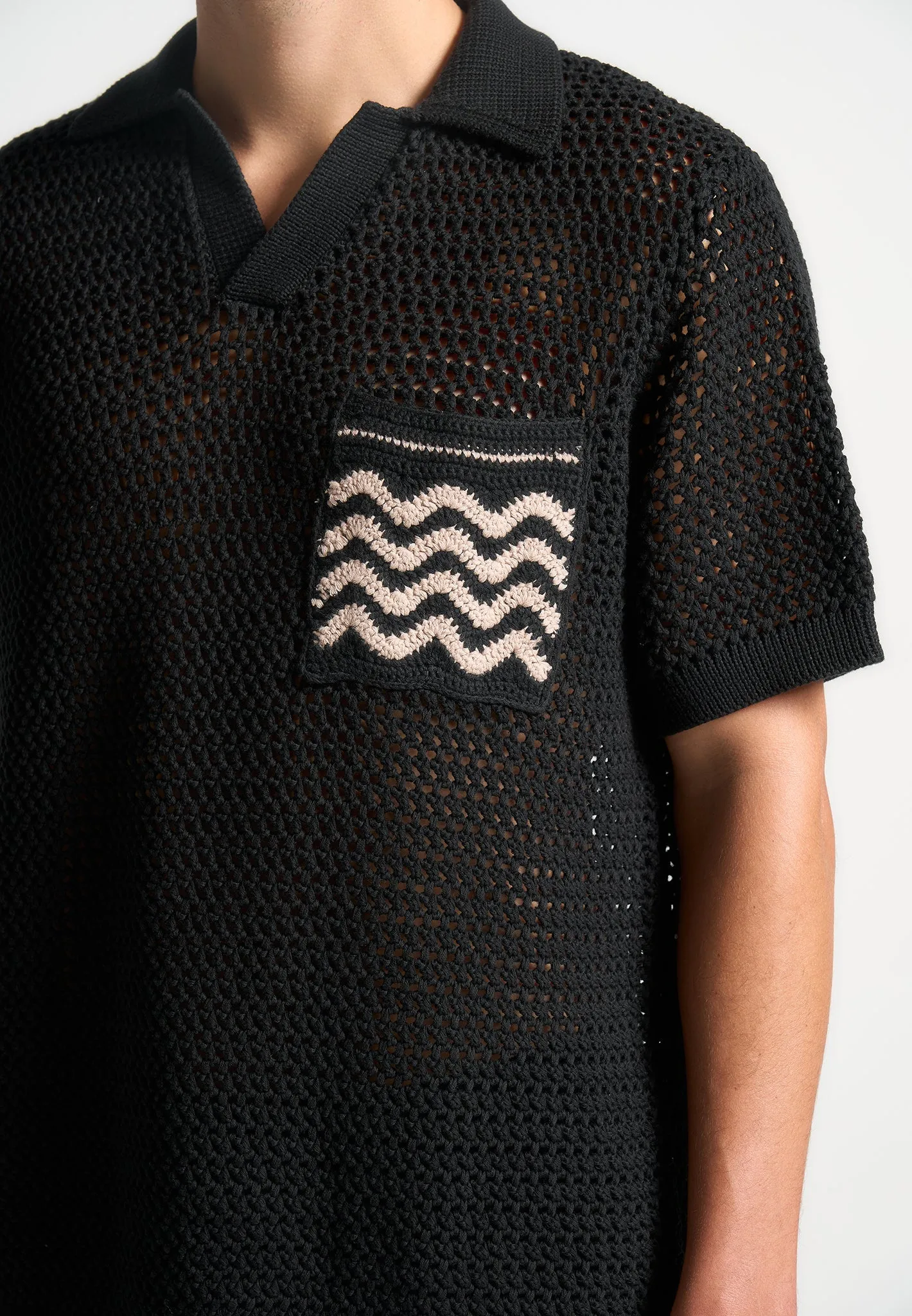 Crochet Knit Polo Shirt  - Black