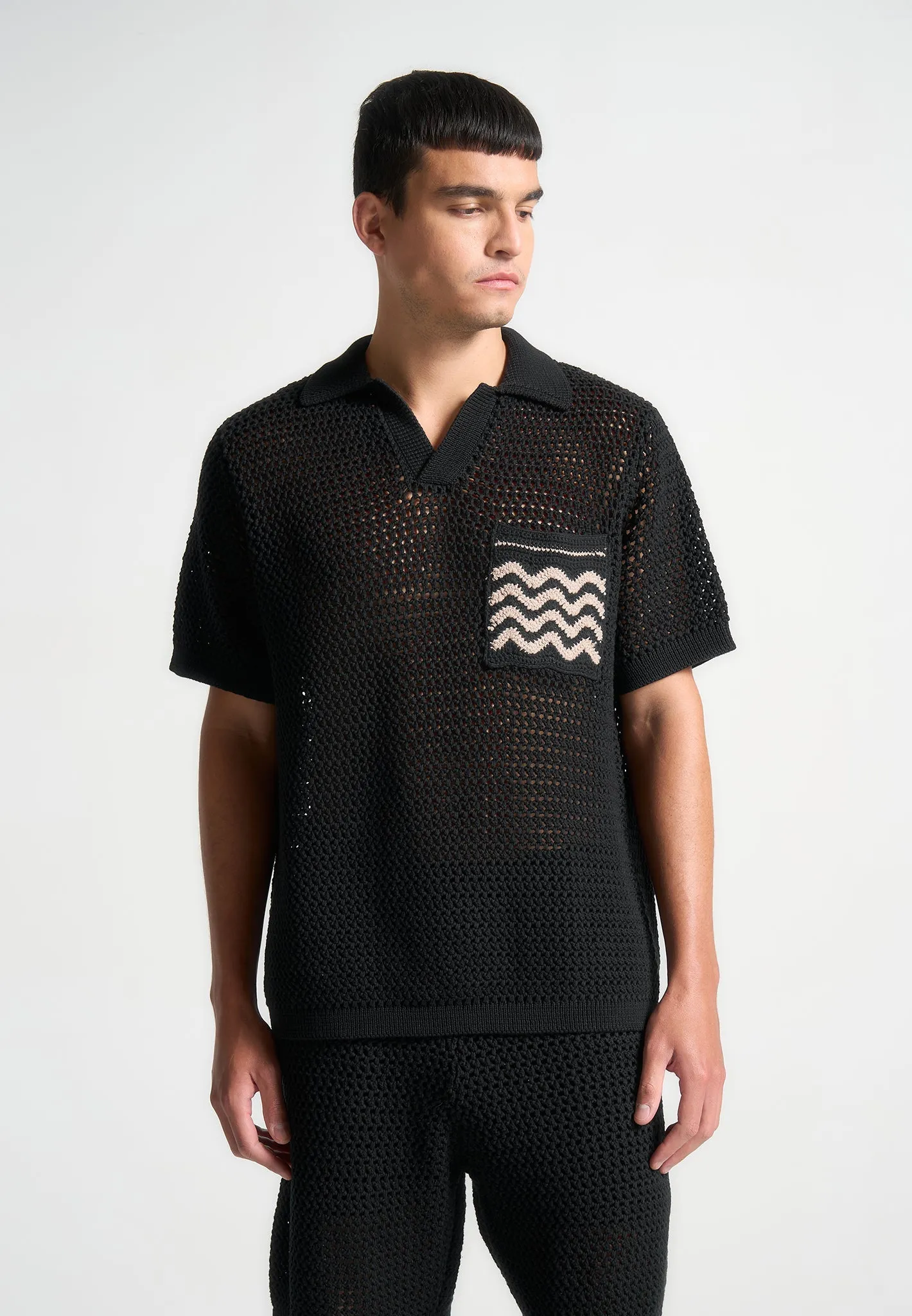 Crochet Knit Polo Shirt  - Black