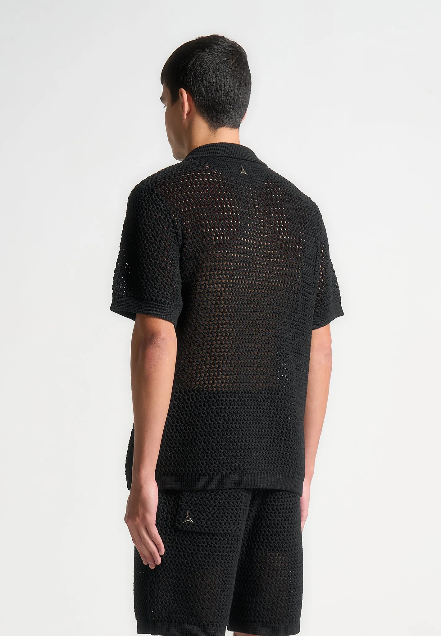 Crochet Knit Polo Shirt  - Black