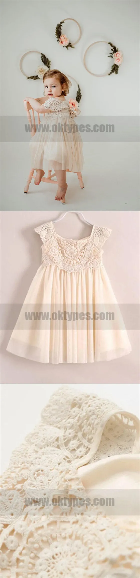 Cup sleeve Top Lace Appliques Ivory Rustic Cute Flower Girl Dresses, TYP0790