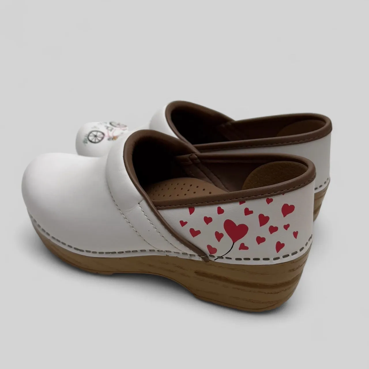 Dansko Twin Pro Leather Clogs | Size 37 (US 6.5-7) | White Leather with Bicycle and Hearts | EUC