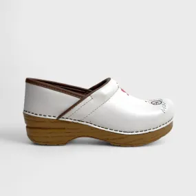 Dansko Twin Pro Leather Clogs | Size 37 (US 6.5-7) | White Leather with Bicycle and Hearts | EUC