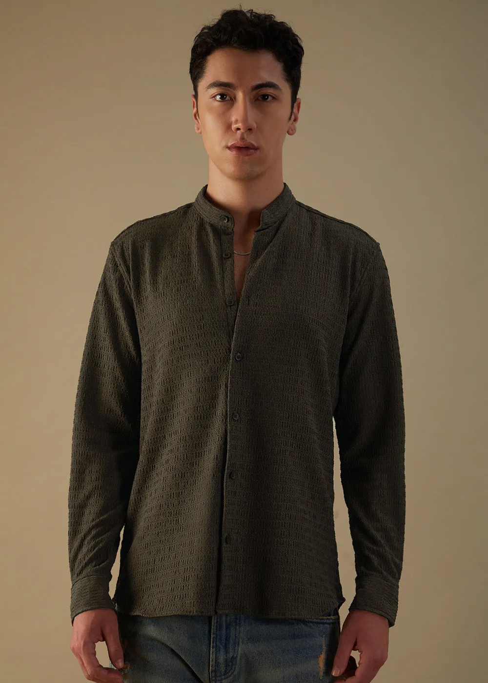 Dark Olive Knitted Crochet Shirt