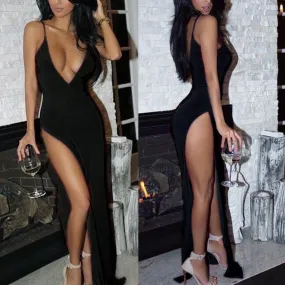 Deep Plunge Dress Sexy Open Chest High Thigh Split Dress Thin Strap Low Cut Bare Back Dress Maxi Party