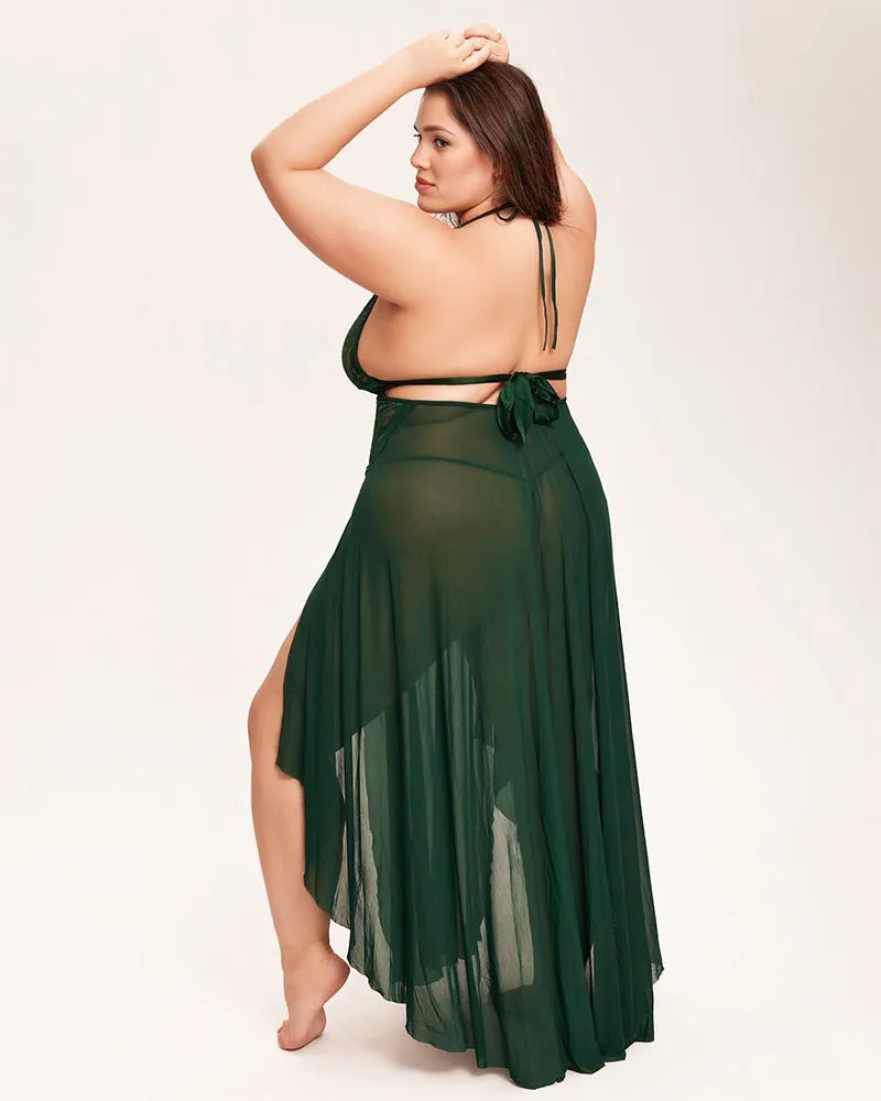 Deep V Neck Lace Mesh Dress-Dark Green