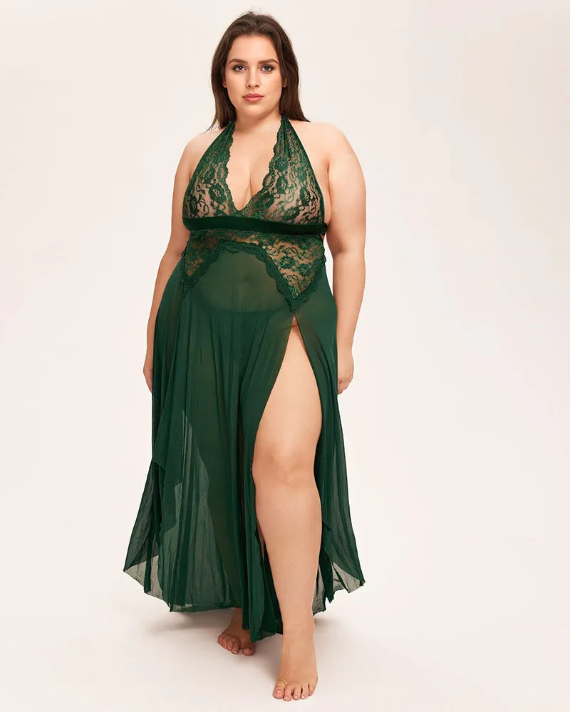 Deep V Neck Lace Mesh Dress-Dark Green