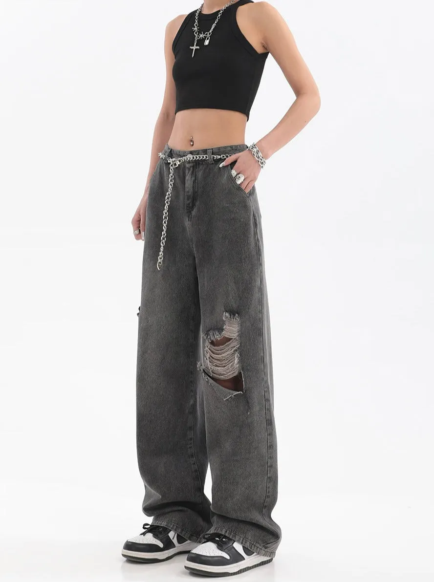 Distressed Faded Jeans with Chain Belt