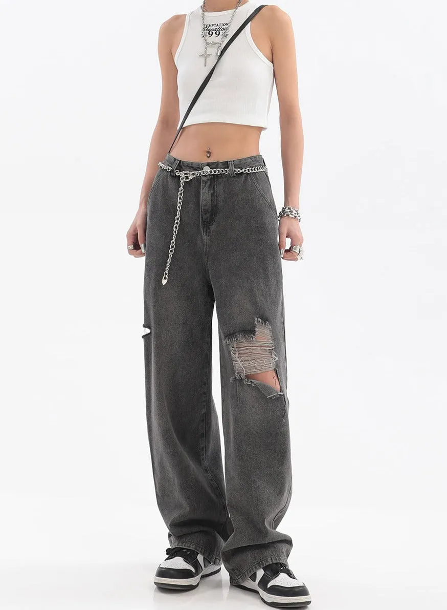 Distressed Faded Jeans with Chain Belt