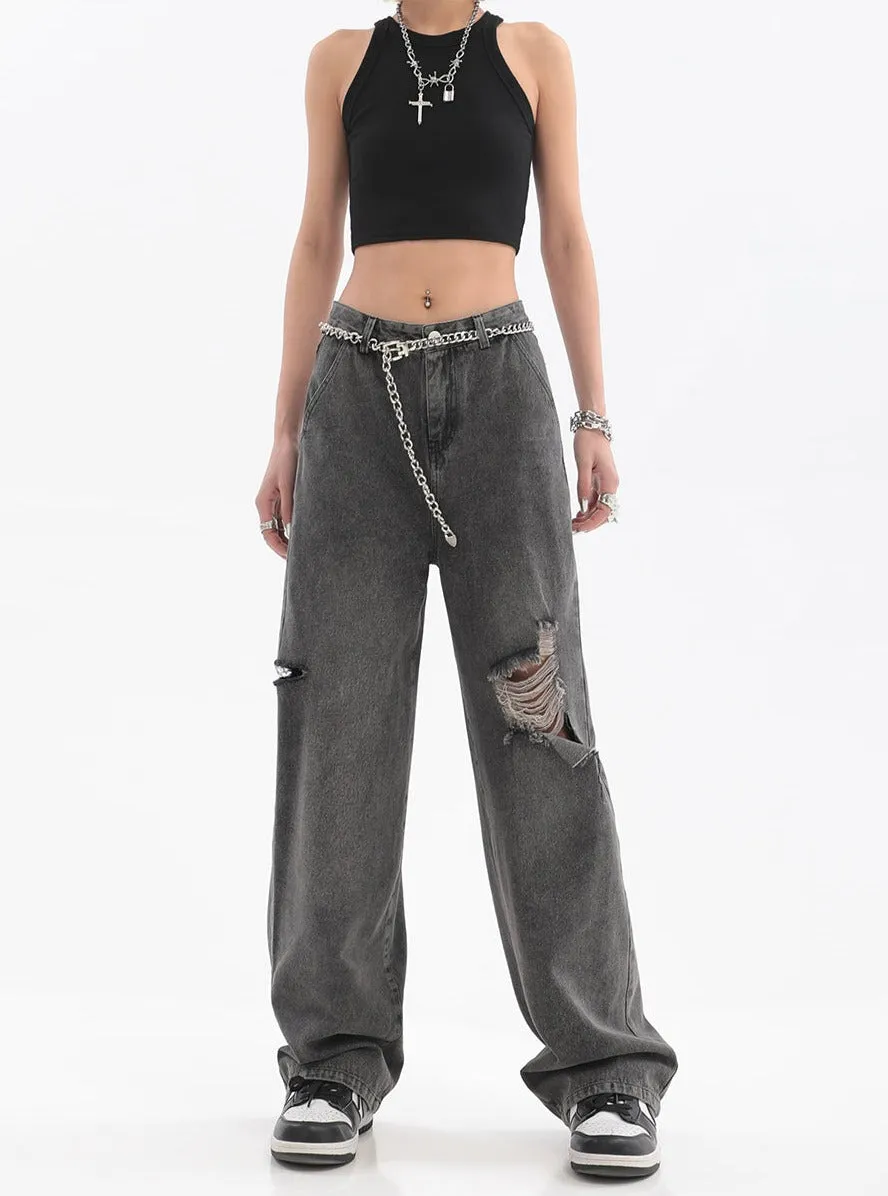 Distressed Faded Jeans with Chain Belt