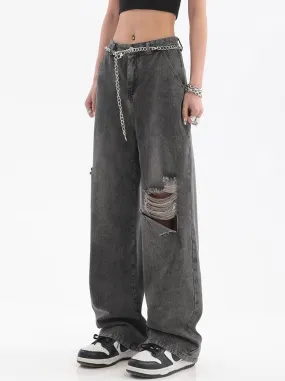 Distressed Faded Jeans with Chain Belt